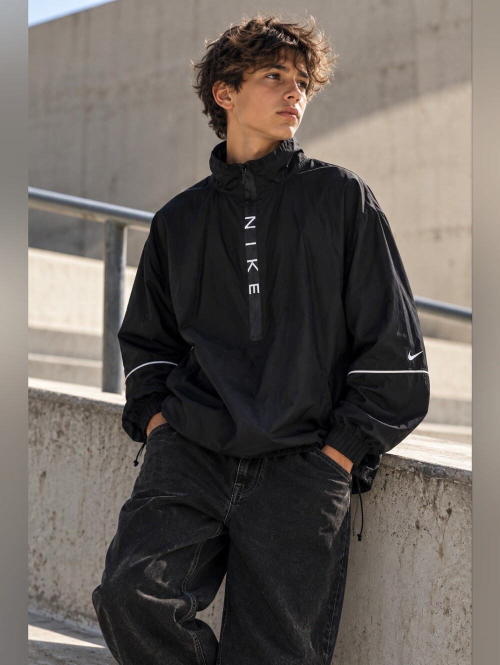 Vintage 90s Nike Anorak Windbreaker Boys L(12-14) Black Half Zip Pullover Y2K